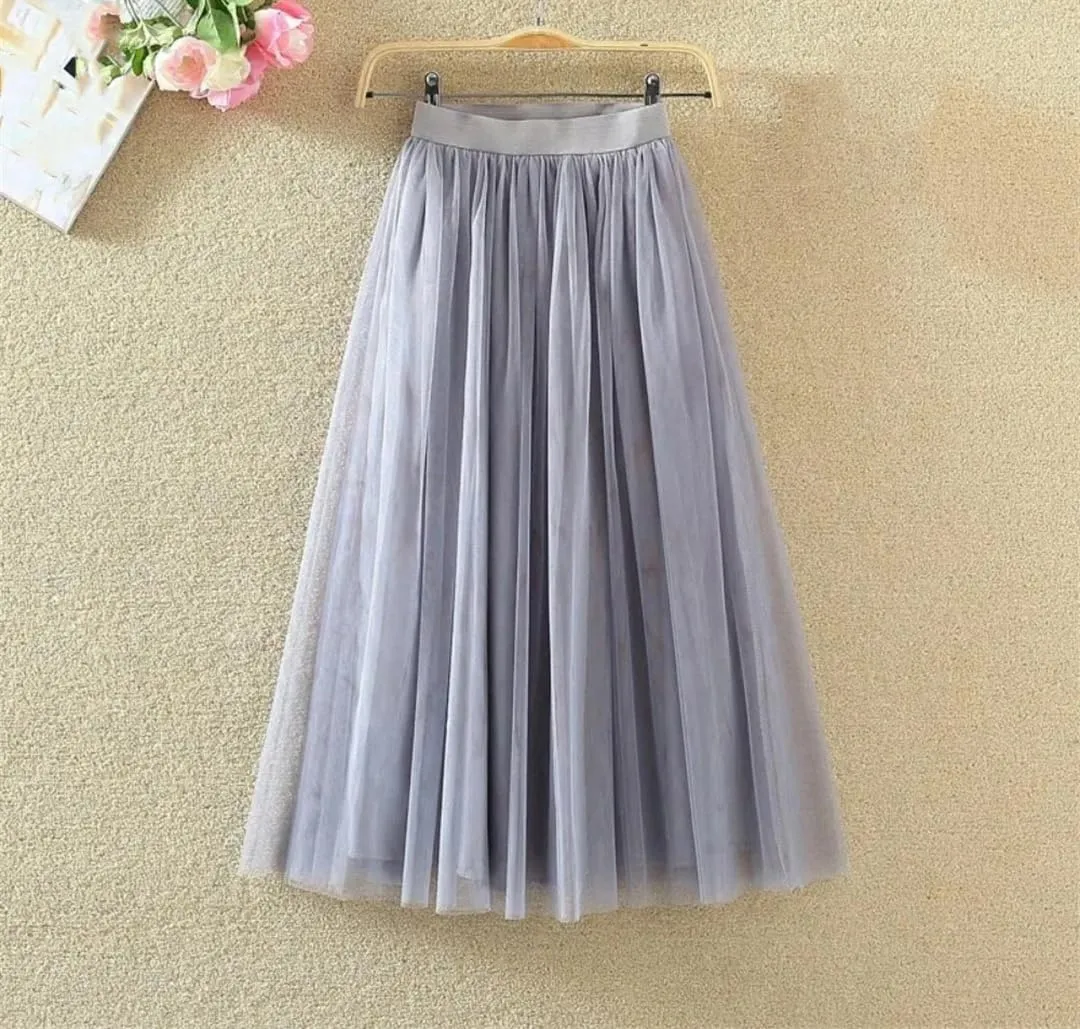 Women's Fashion Gauze Skirt High-Waisted Mid-Length A-Line Skirt Versatile Mesh Puff Skirts