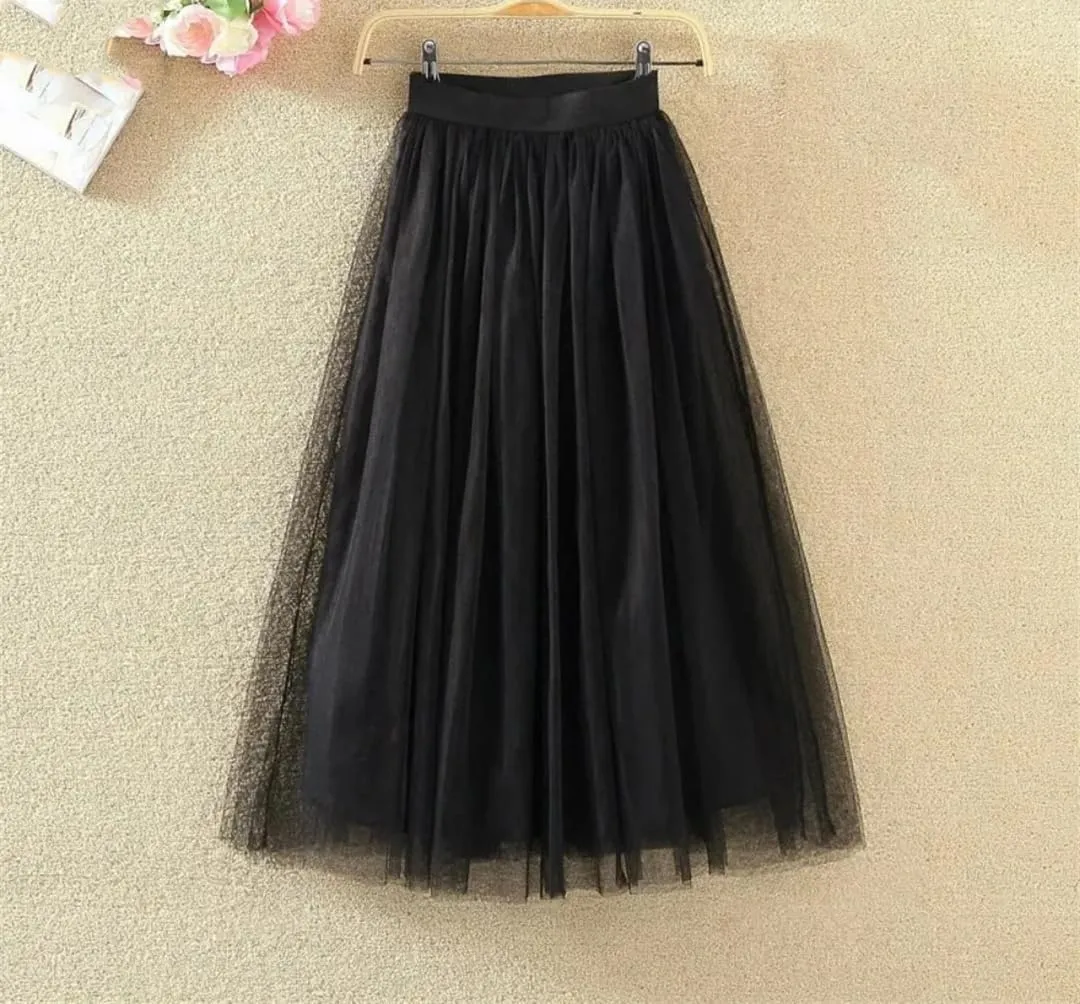 Women's Fashion Gauze Skirt High-Waisted Mid-Length A-Line Skirt Versatile Mesh Puff Skirts