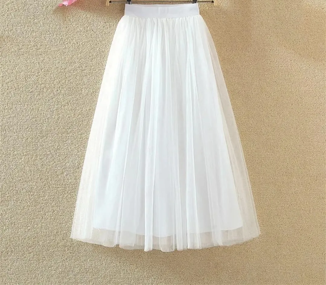 Women's Fashion Gauze Skirt High-Waisted Mid-Length A-Line Skirt Versatile Mesh Puff Skirts