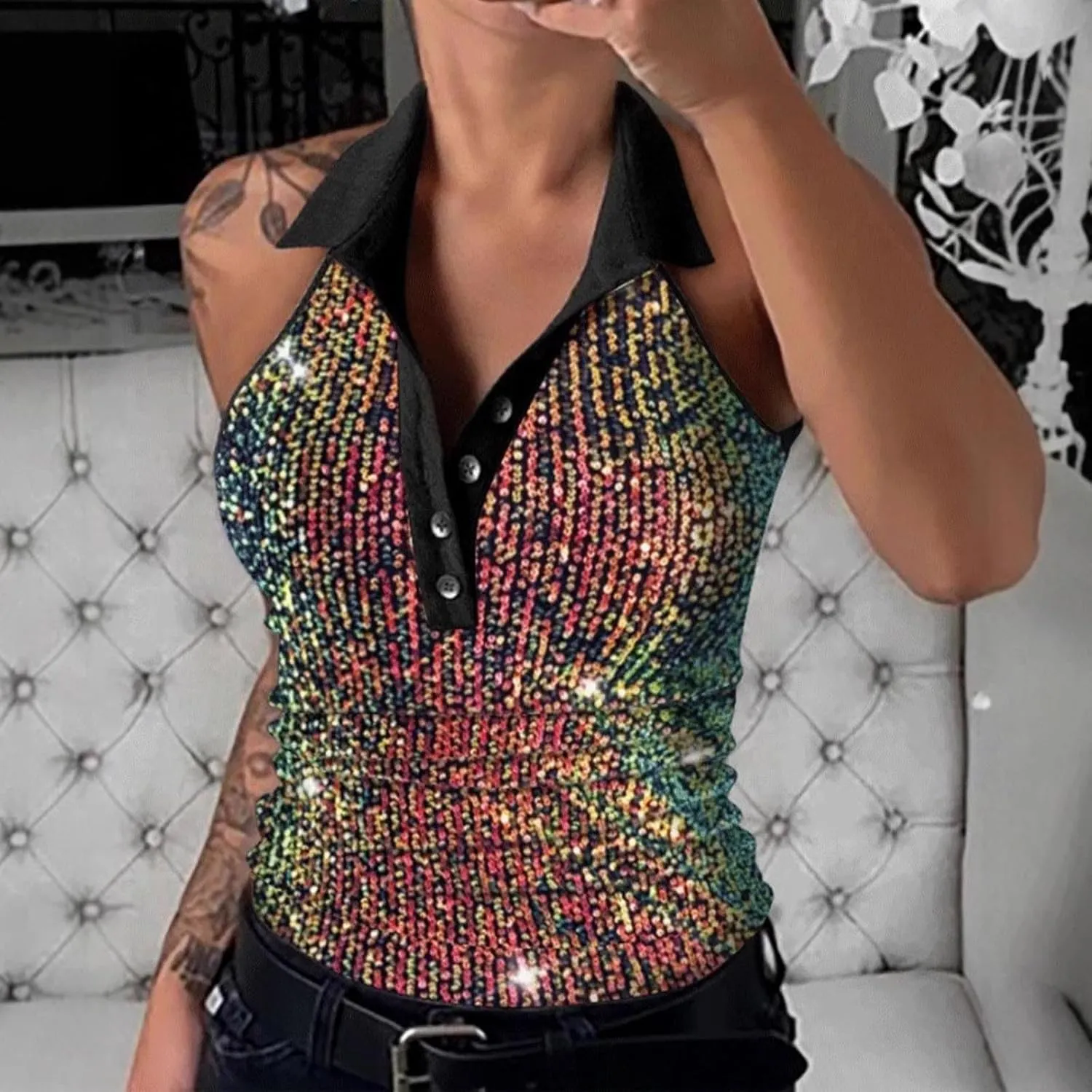Women's Fashion Sequin Tank Tops, Sleeveless Slim Fit Sparkly Henley Shirts Summer Beach Party Trendy Clothes