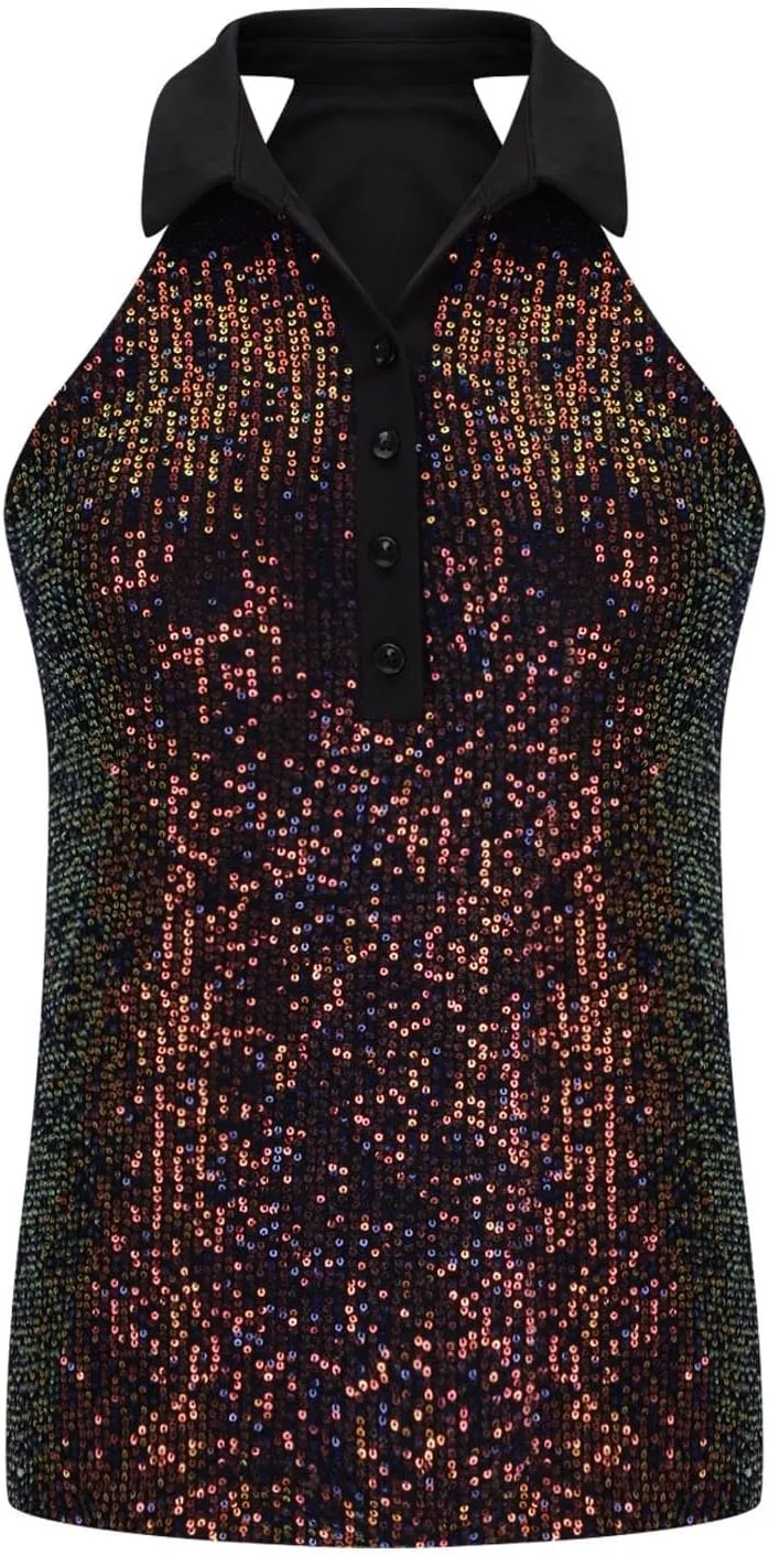 Women's Fashion Sequin Tank Tops, Sleeveless Slim Fit Sparkly Henley Shirts Summer Beach Party Trendy Clothes
