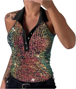 Women's Fashion Sequin Tank Tops, Sleeveless Slim Fit Sparkly Henley Shirts Summer Beach Party Trendy Clothes