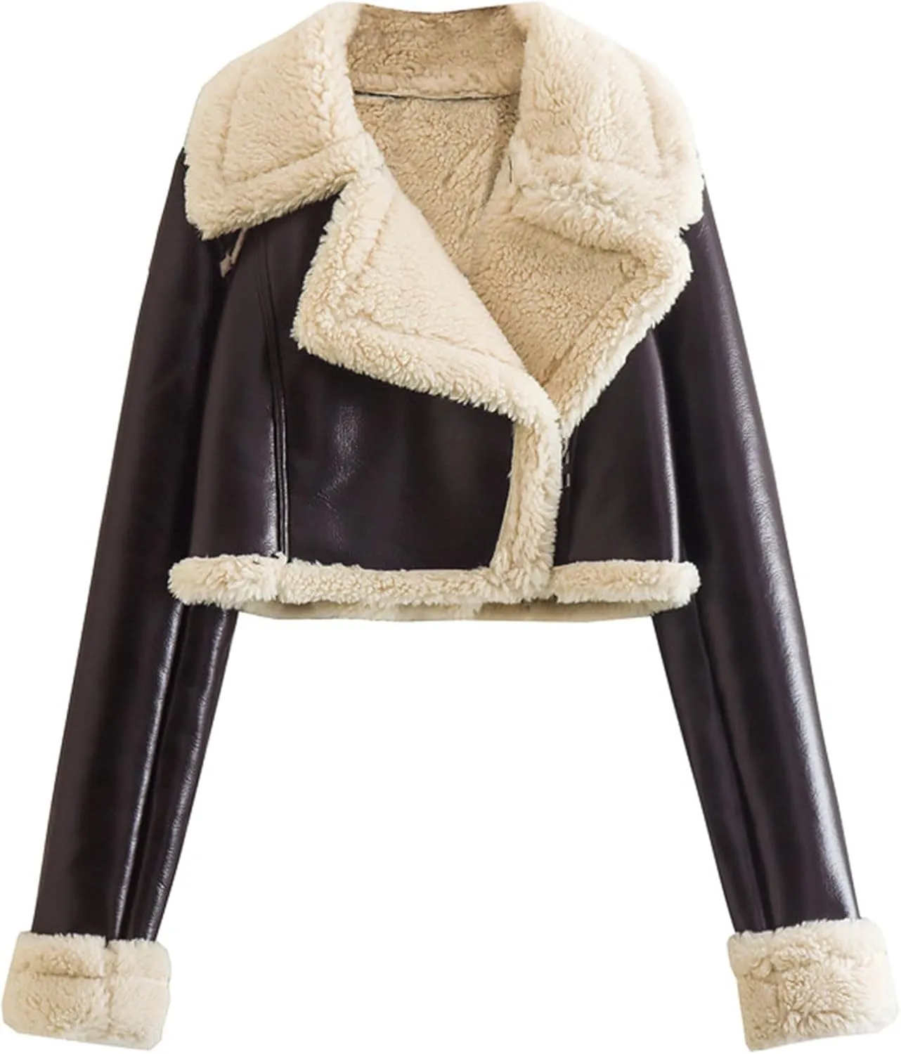 Womens Faux Leather Cropped Jackets Faux Shearling Sherpa Lined Coats Fashion Lapel Long Sleeve Biker Moto Jacket