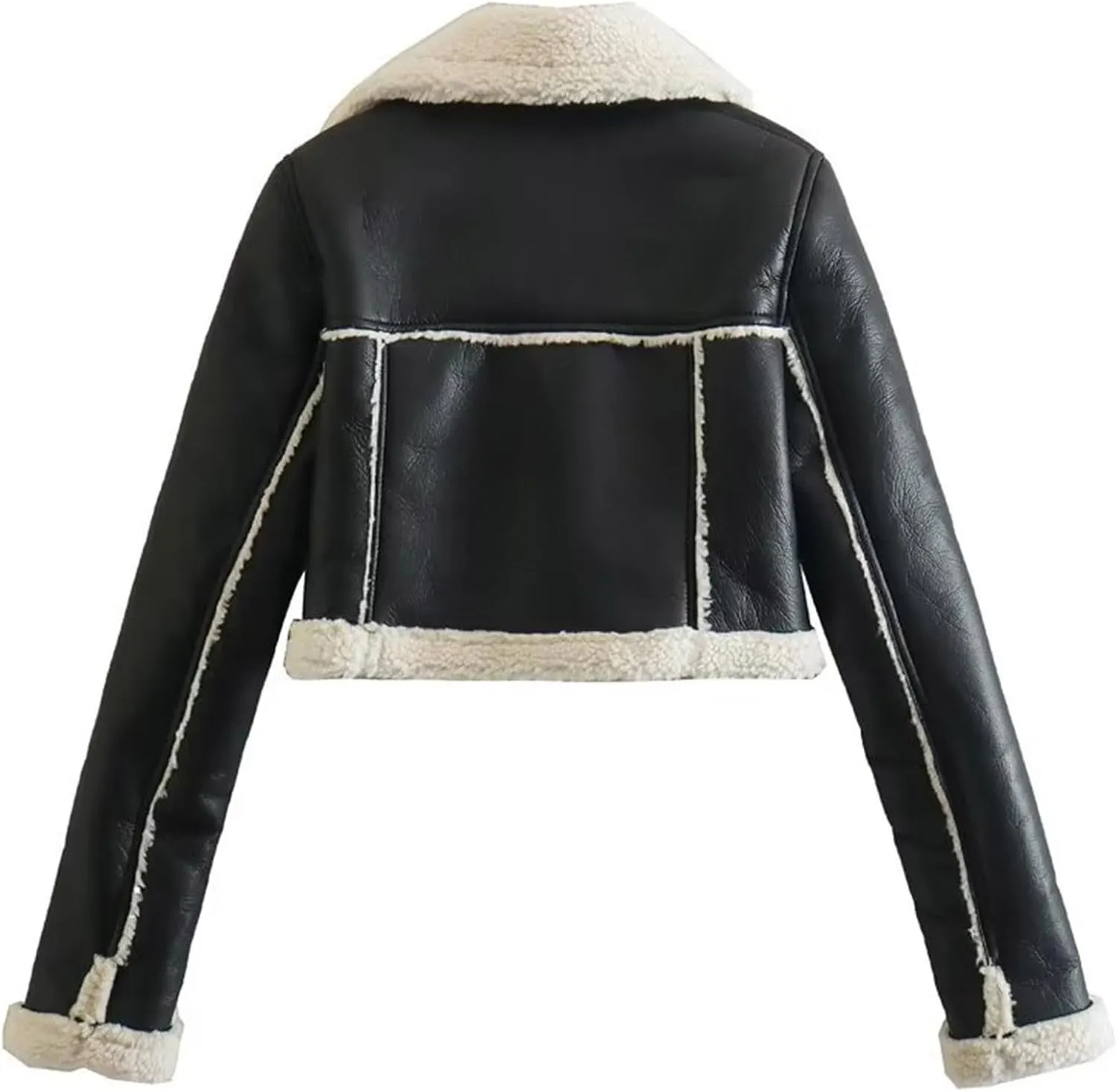 Womens Faux Leather Cropped Jackets Faux Shearling Sherpa Lined Coats Fashion Lapel Long Sleeve Biker Moto Jacket