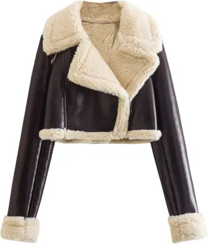 Womens Faux Leather Cropped Jackets Faux Shearling Sherpa Lined Coats Fashion Lapel Long Sleeve Biker Moto Jacket