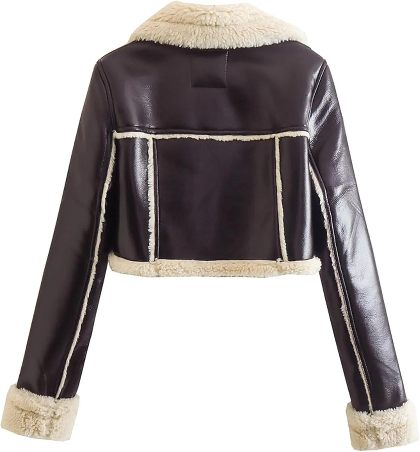 Womens Faux Leather Cropped Jackets Faux Shearling Sherpa Lined Coats Fashion Lapel Long Sleeve Biker Moto Jacket