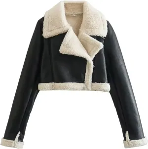 Womens Faux Leather Cropped Jackets Faux Shearling Sherpa Lined Coats Fashion Lapel Long Sleeve Biker Moto Jacket