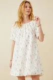 Womens Floral Embossed Printed Puff Sleeve Dress
