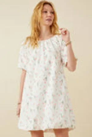 Womens Floral Embossed Printed Puff Sleeve Dress