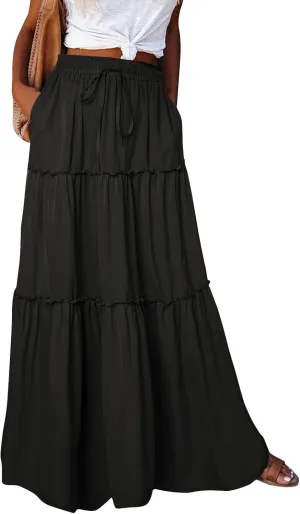 Women's Floral Print Midi Skirts 2025 Summer Aline Elastic High Waist Pleated Flowy Long Skirt Pockets Cute Skirts