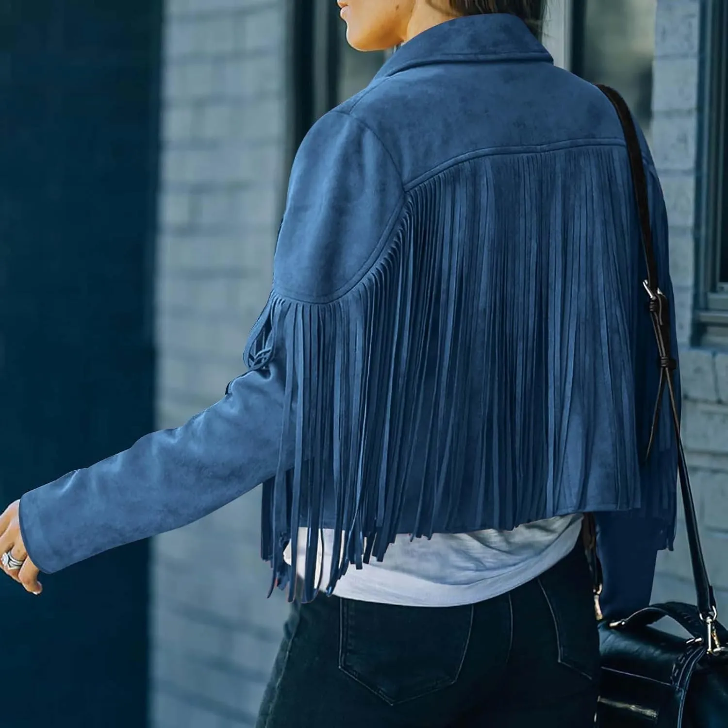Women's Fringe Faux Suede Leather Jackets Fashion Tassel Cropped Coats Fringe Cropped Jacket Tassel Suede Moto Jacket