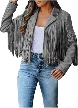 Women's Fringe Faux Suede Leather Jackets Fashion Tassel Cropped Coats Fringe Cropped Jacket Tassel Suede Moto Jacket