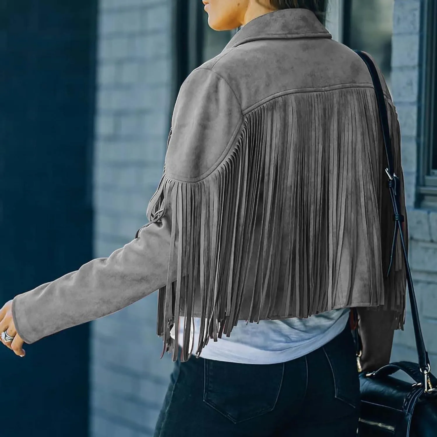 Women's Fringe Faux Suede Leather Jackets Fashion Tassel Cropped Coats Fringe Cropped Jacket Tassel Suede Moto Jacket