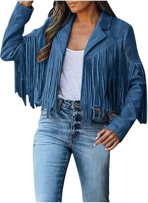 Women's Fringe Faux Suede Leather Jackets Fashion Tassel Cropped Coats Fringe Cropped Jacket Tassel Suede Moto Jacket