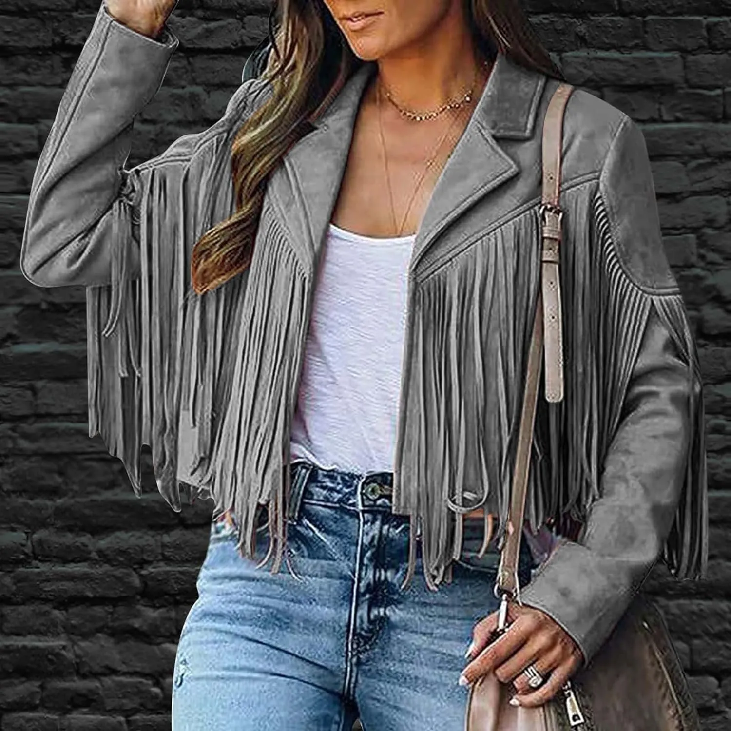 Women's Fringe Faux Suede Leather Jackets Fashion Tassel Cropped Coats Fringe Cropped Jacket Tassel Suede Moto Jacket