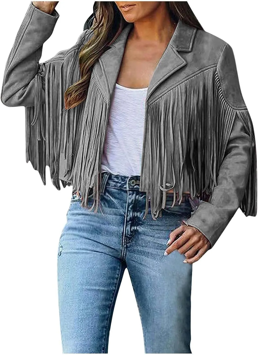 Women's Fringe Faux Suede Leather Jackets Fashion Tassel Cropped Coats Fringe Cropped Jacket Tassel Suede Moto Jacket