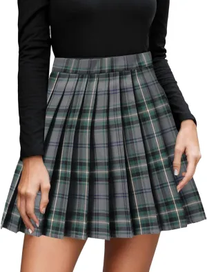 Womens Girl High Waisted Pleated Tennis Skirt School A-Line Skirts Mini Plaid Skirt