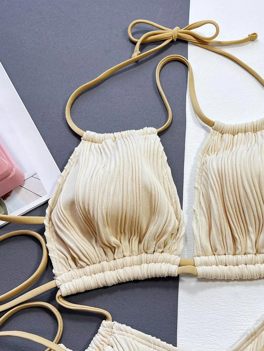 Women's Halter Bathing Suit - Beige One-Piece Swimwear