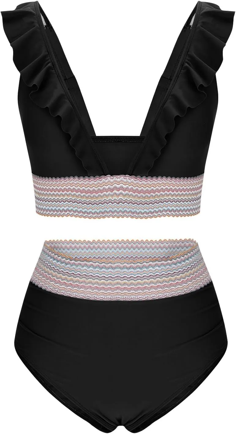 Women's High Waist Bikini Sets Sexy Ruched Tummy Control Swimsuits Color Block Ruffle V Neck Two Piece Bathing Suits