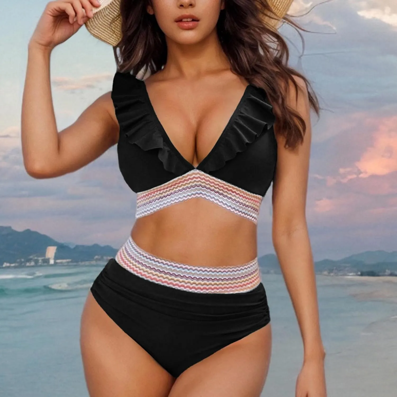 Women's High Waist Bikini Sets Sexy Ruched Tummy Control Swimsuits Color Block Ruffle V Neck Two Piece Bathing Suits