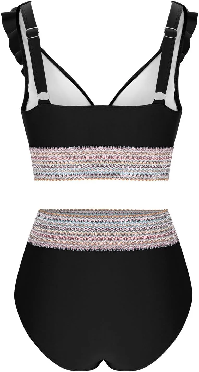 Women's High Waist Bikini Sets Sexy Ruched Tummy Control Swimsuits Color Block Ruffle V Neck Two Piece Bathing Suits