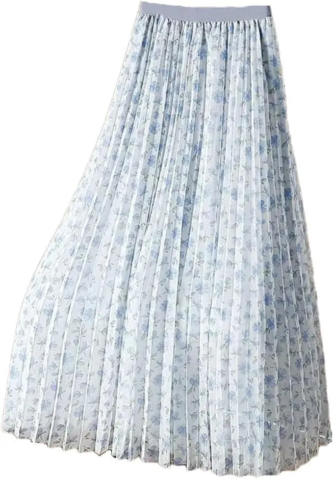 Women's High Waist Elastic Loose Mesh Pleated Korean A-Line Printed Commuter Skirt