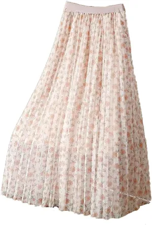 Women's High Waist Elastic Loose Mesh Pleated Korean A-Line Printed Commuter Skirt
