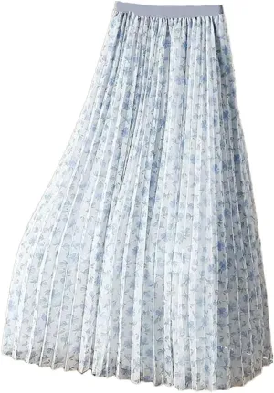 Women's High Waist Elastic Loose Mesh Pleated Korean A-Line Printed Commuter Skirt