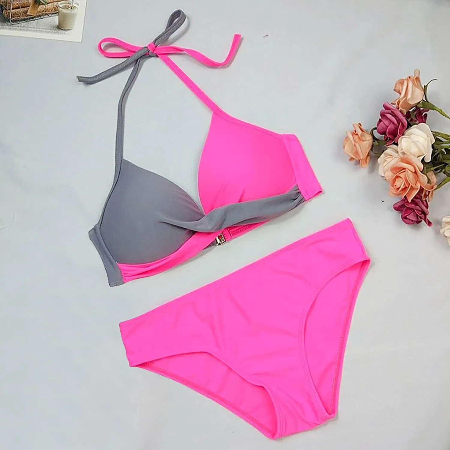 Women's High Waisted Bikini Sets Tummy Control Swimsuits 2025 Two Piece Bathing Suits Color Block Halter Swim Suits