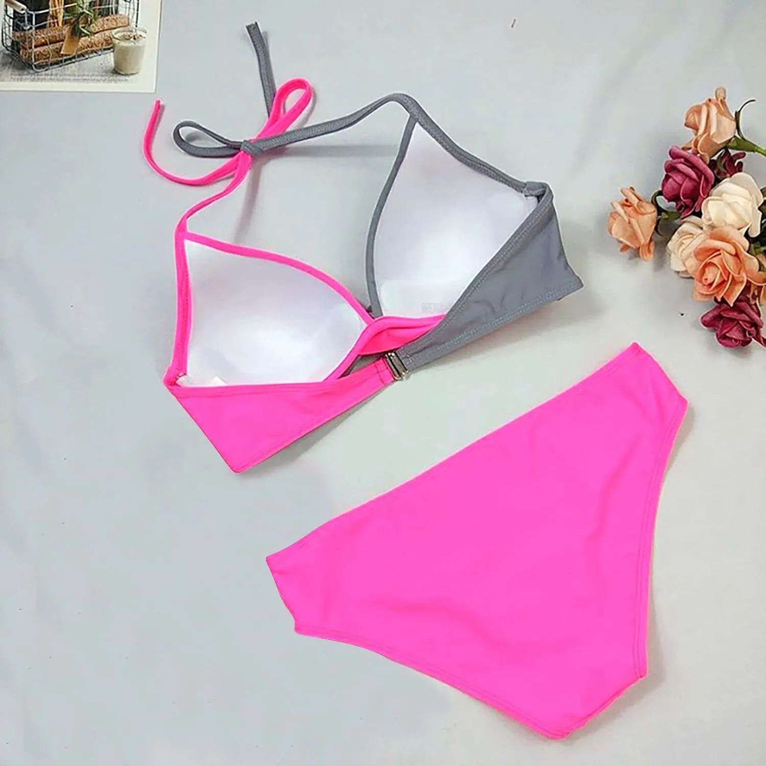 Women's High Waisted Bikini Sets Tummy Control Swimsuits 2025 Two Piece Bathing Suits Color Block Halter Swim Suits