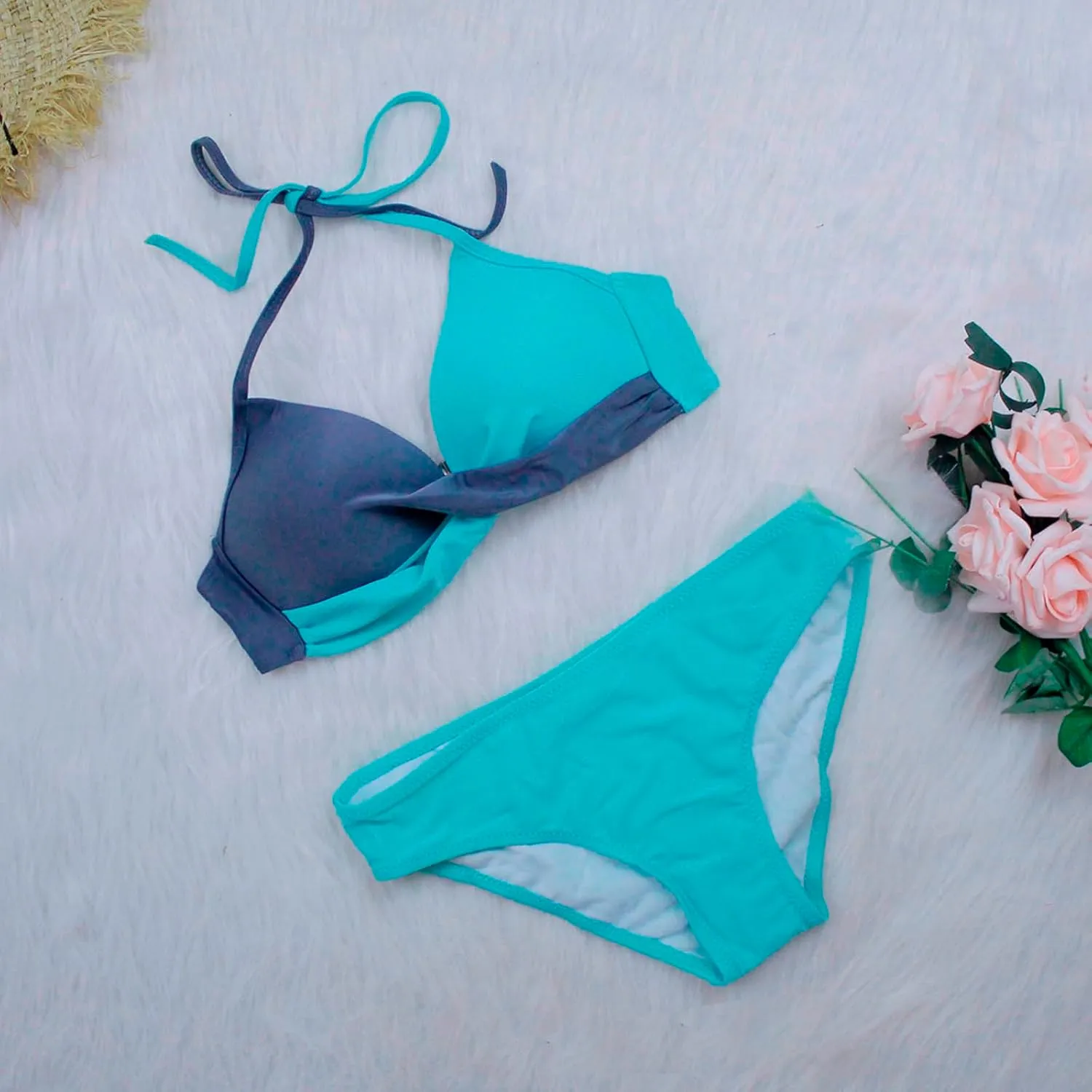 Women's High Waisted Bikini Sets Tummy Control Swimsuits 2025 Two Piece Bathing Suits Color Block Halter Swim Suits