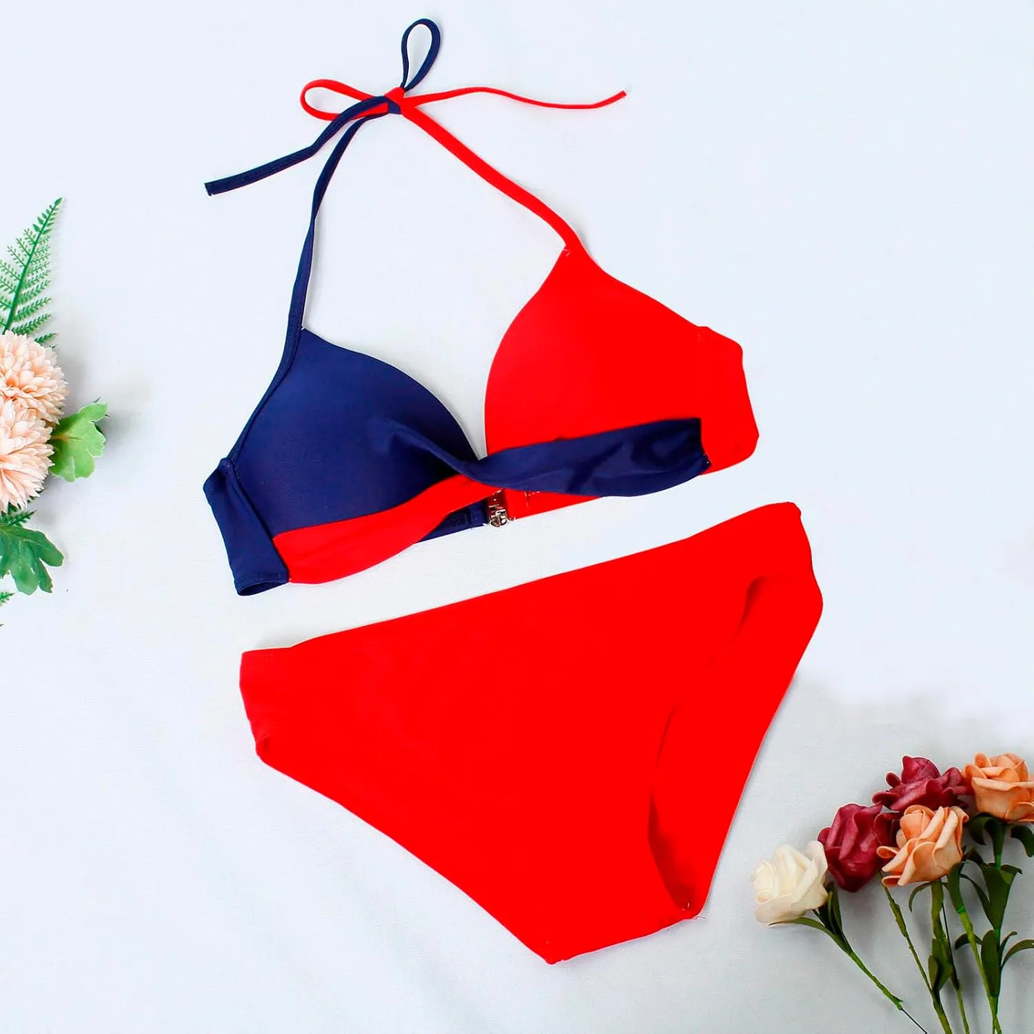 Women's High Waisted Bikini Sets Tummy Control Swimsuits 2025 Two Piece Bathing Suits Color Block Halter Swim Suits