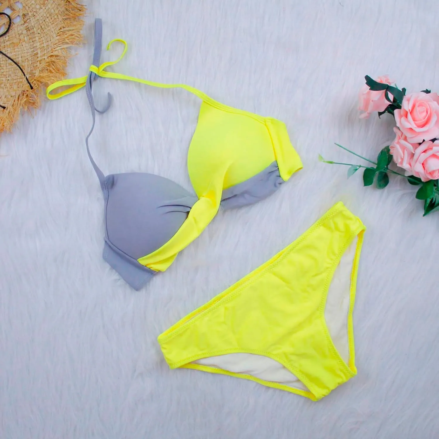 Women's High Waisted Bikini Sets Tummy Control Swimsuits 2025 Two Piece Bathing Suits Color Block Halter Swim Suits