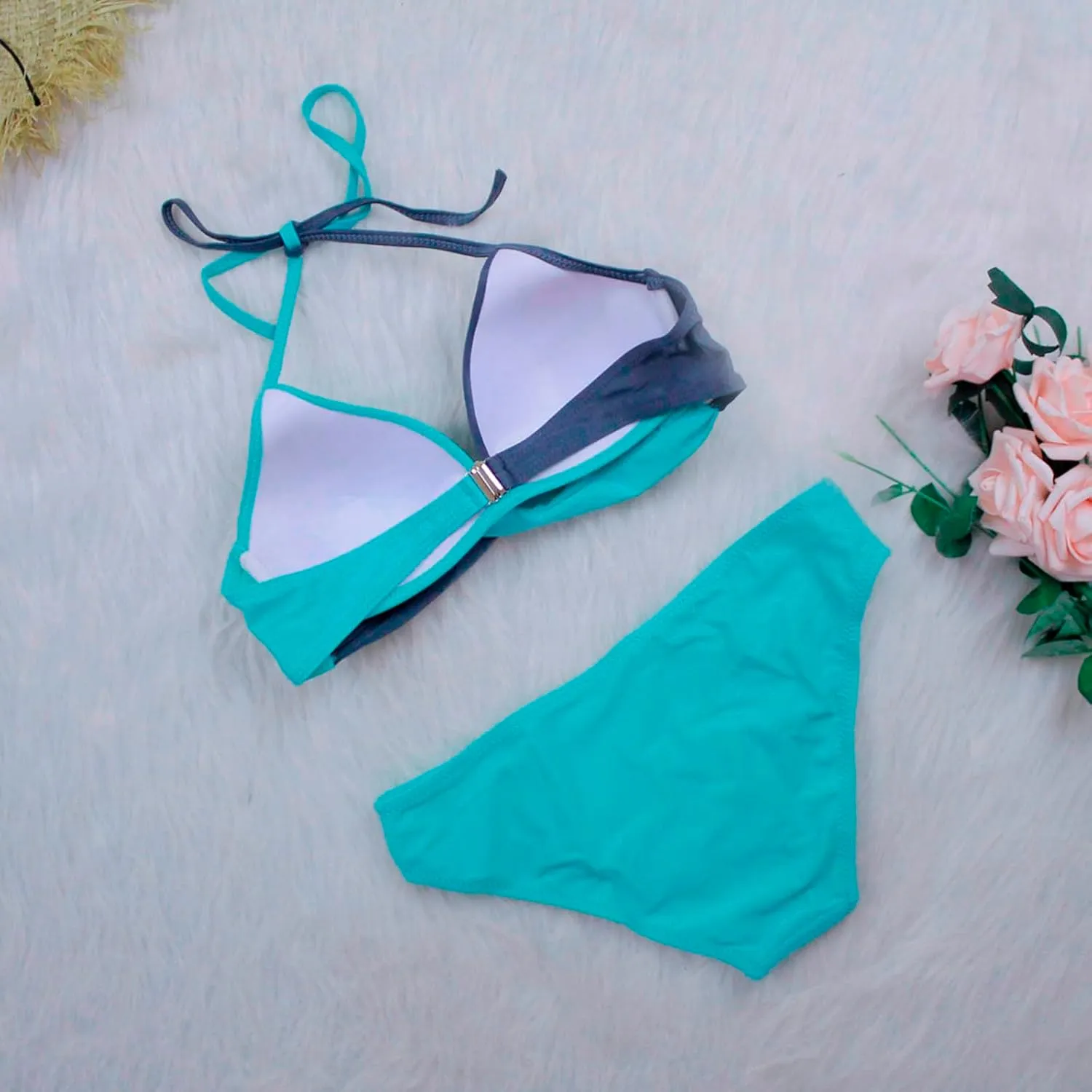 Women's High Waisted Bikini Sets Tummy Control Swimsuits 2025 Two Piece Bathing Suits Color Block Halter Swim Suits
