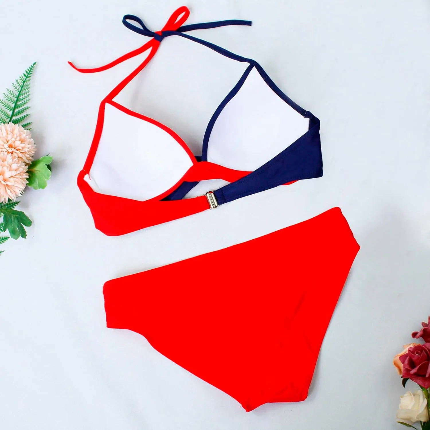 Women's High Waisted Bikini Sets Tummy Control Swimsuits 2025 Two Piece Bathing Suits Color Block Halter Swim Suits