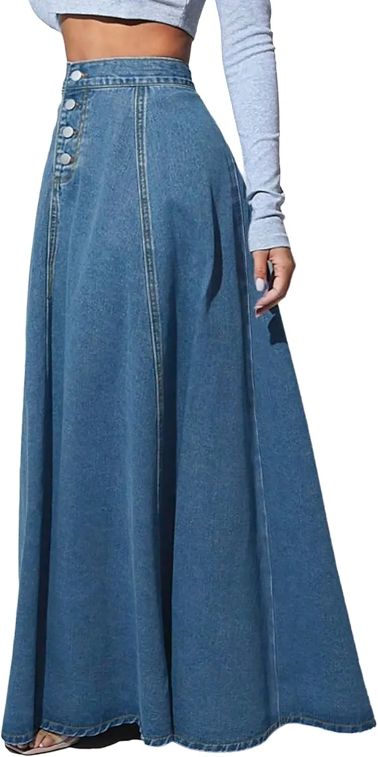 Women's High Waisted Maxi Denim Skirt Vintage Washed Button Front A Line Casual Long Jean Skirt