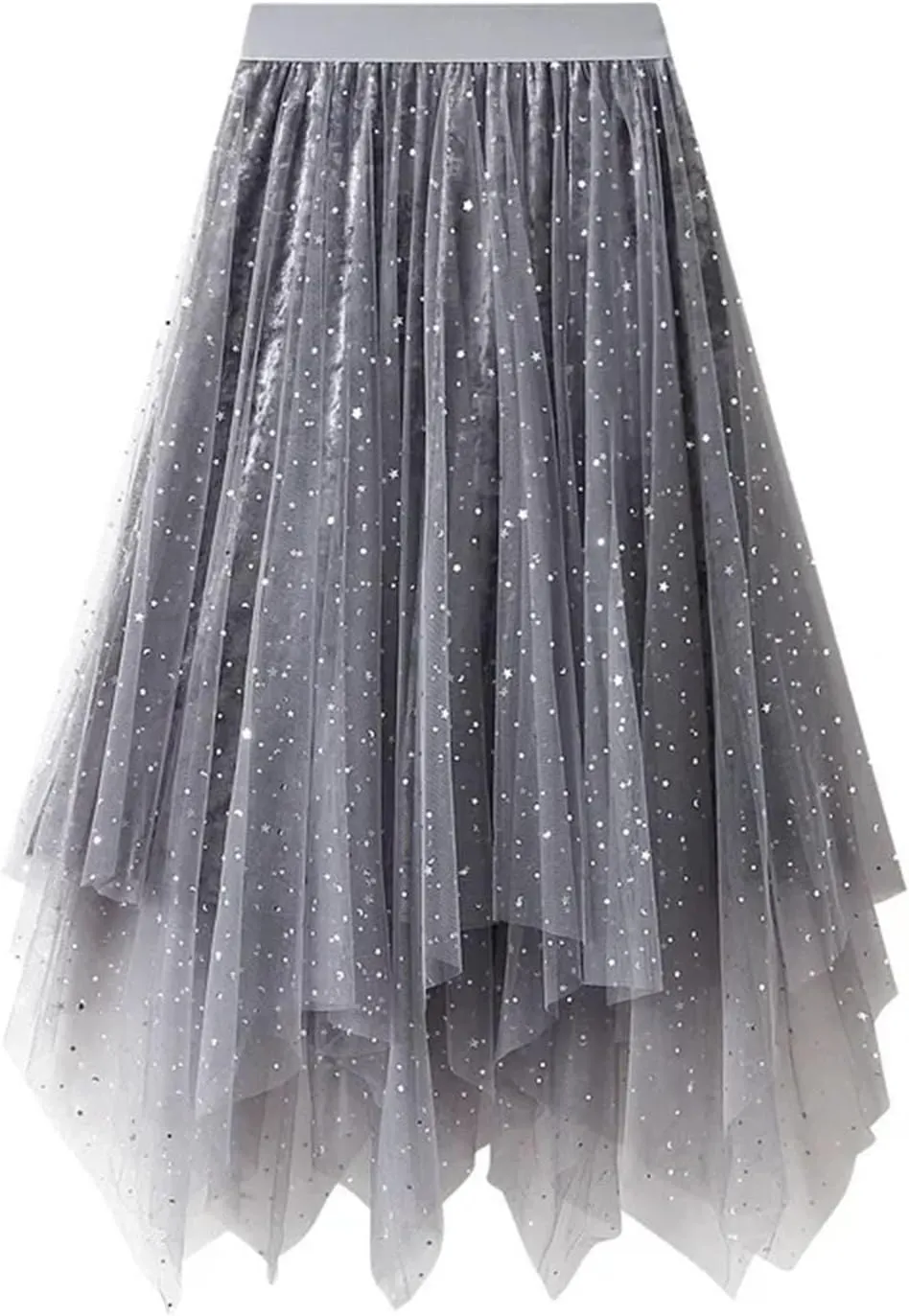 Women's Irregular Sequins Mesh Skirt Korean Elastic Waist Tulle A-Line Skirt