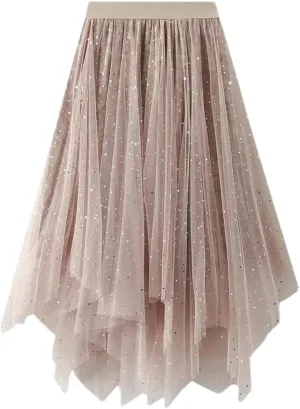 Women's Irregular Sequins Mesh Skirt Korean Elastic Waist Tulle A-Line Skirt