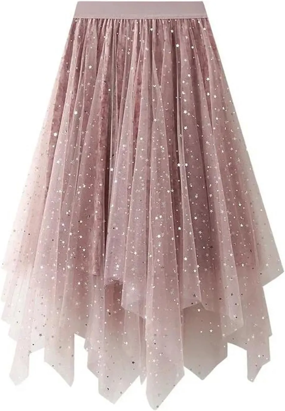 Women's Irregular Sequins Mesh Skirt Korean Elastic Waist Tulle A-Line Skirt