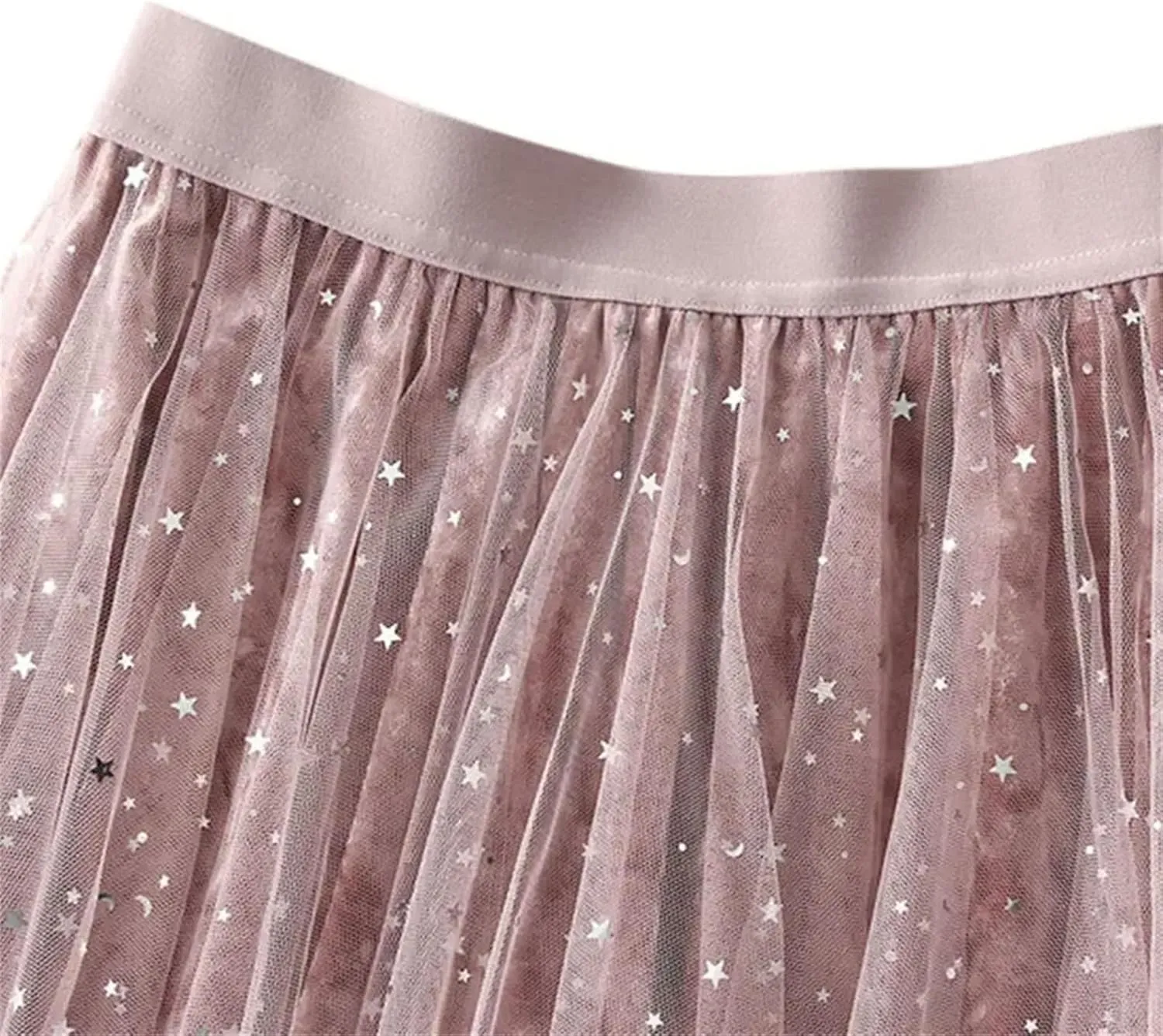 Women's Irregular Sequins Mesh Skirt Korean Elastic Waist Tulle A-Line Skirt