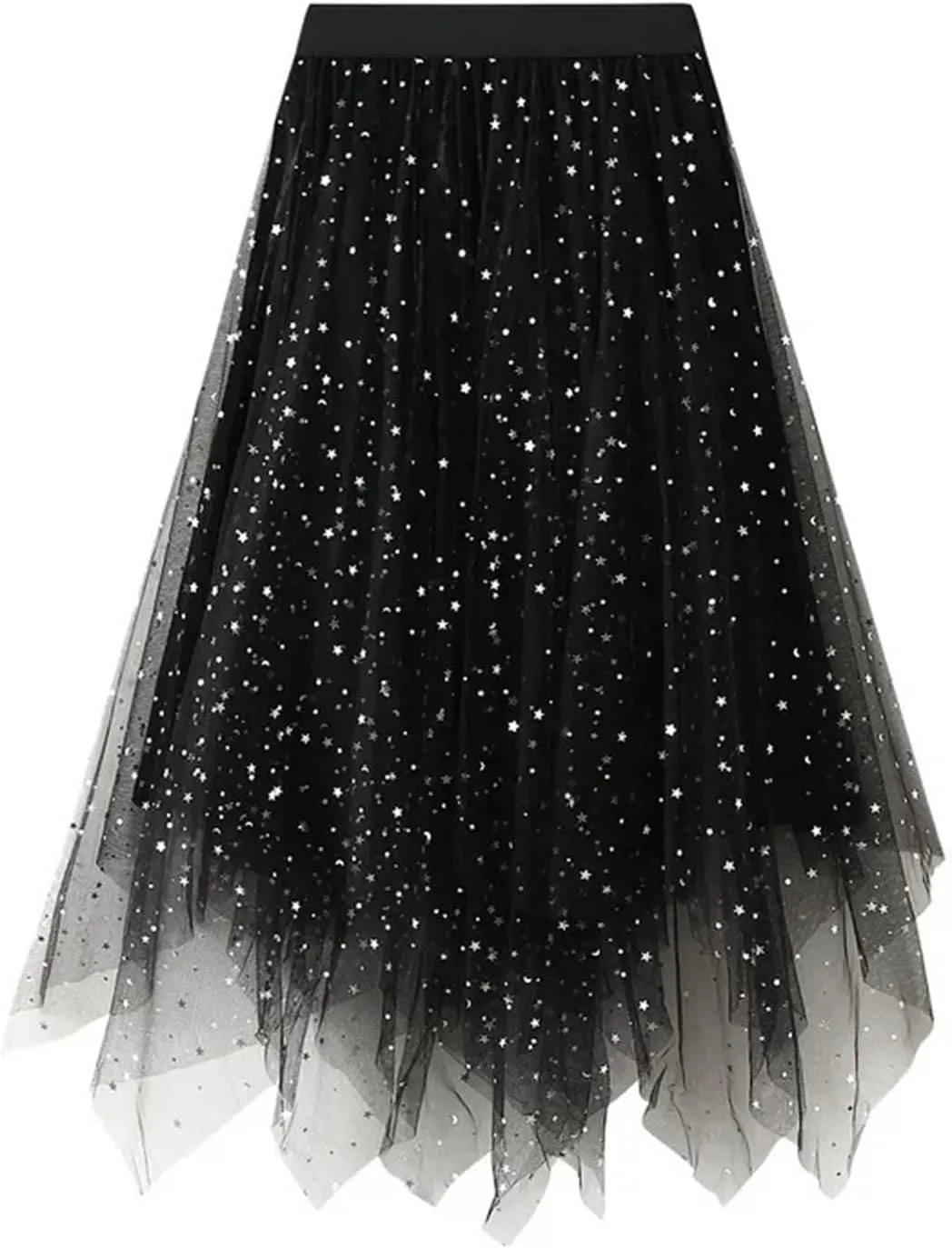 Women's Irregular Sequins Mesh Skirt Korean Elastic Waist Tulle A-Line Skirt