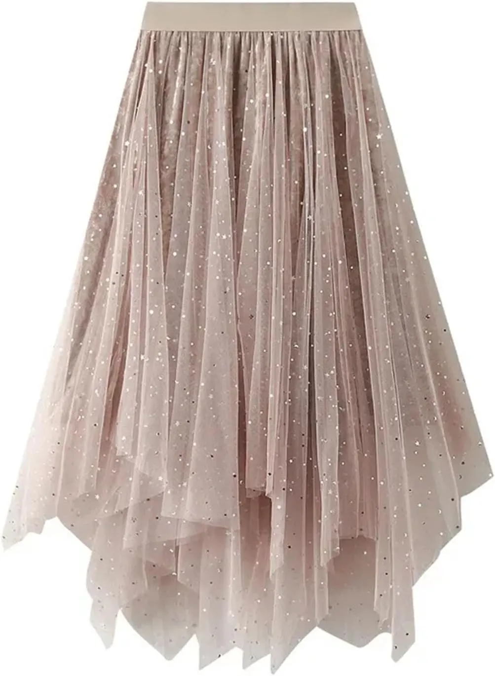 Women's Irregular Sequins Mesh Skirt Korean Elastic Waist Tulle A-Line Skirt