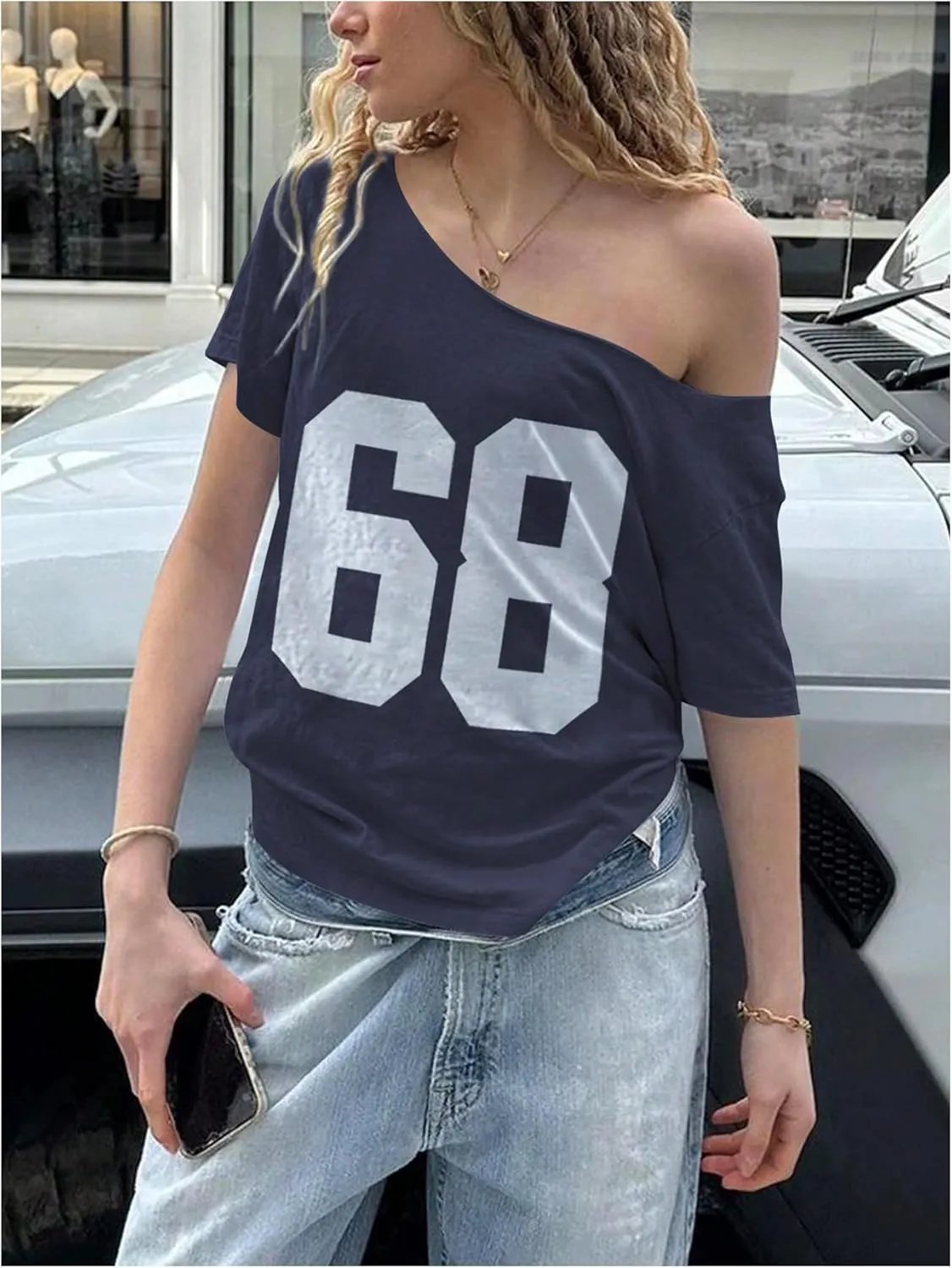 Women's Jersey Y2K Graphic One Shoulder Number Print Streetwear T Shirts Short Sleeve Loose Casual Tee Tops