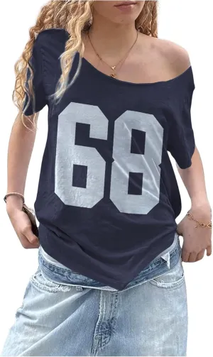Women's Jersey Y2K Graphic One Shoulder Number Print Streetwear T Shirts Short Sleeve Loose Casual Tee Tops