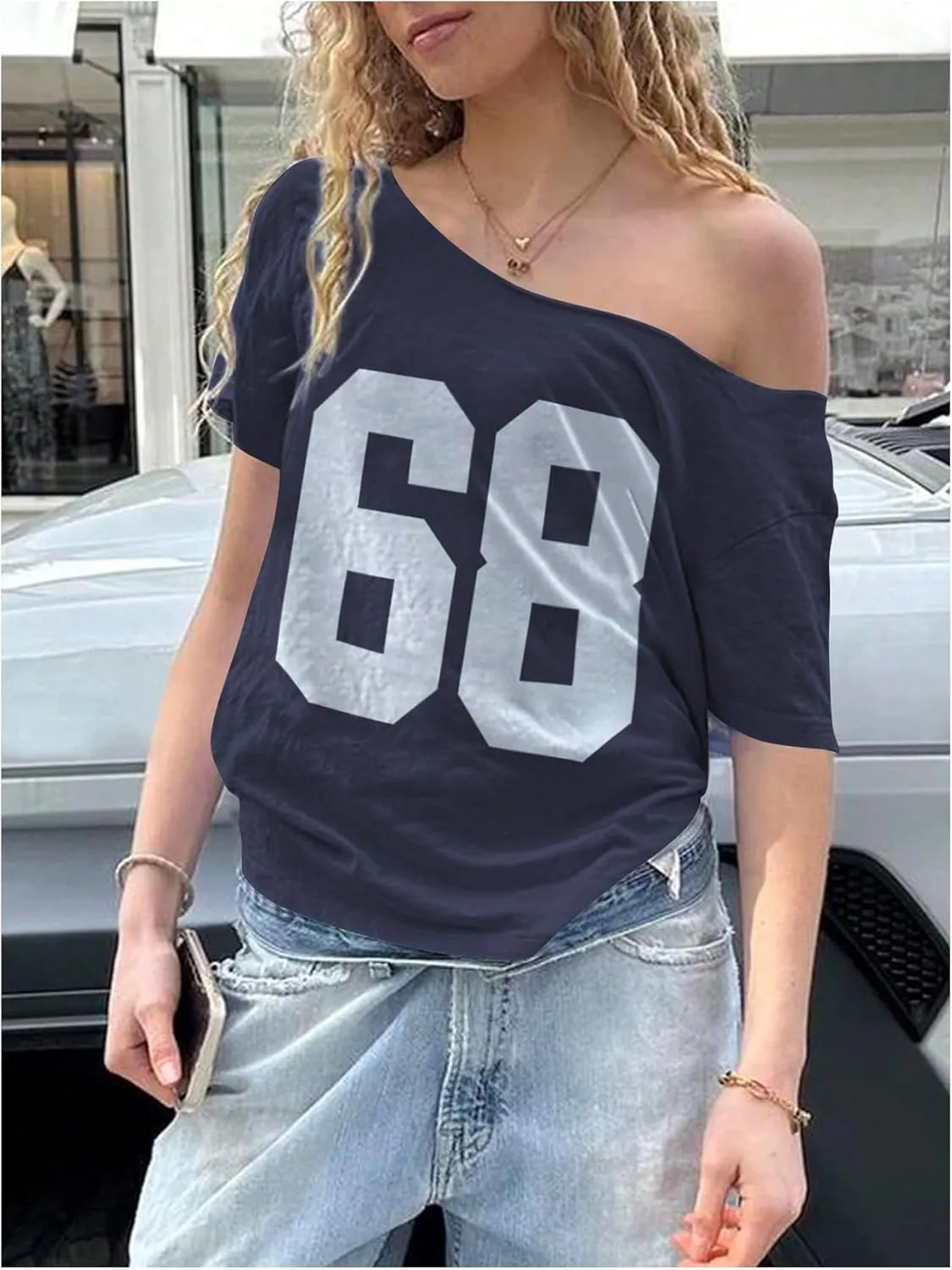 Women's Jersey Y2K Graphic One Shoulder Number Print Streetwear T Shirts Short Sleeve Loose Casual Tee Tops