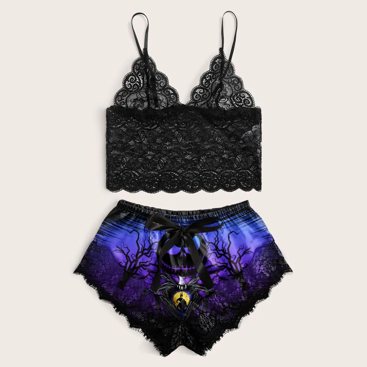 Women's Lace Pajama Set, Nightmare 2 Piece Sleepwear Lingerie Nightwear Outfit