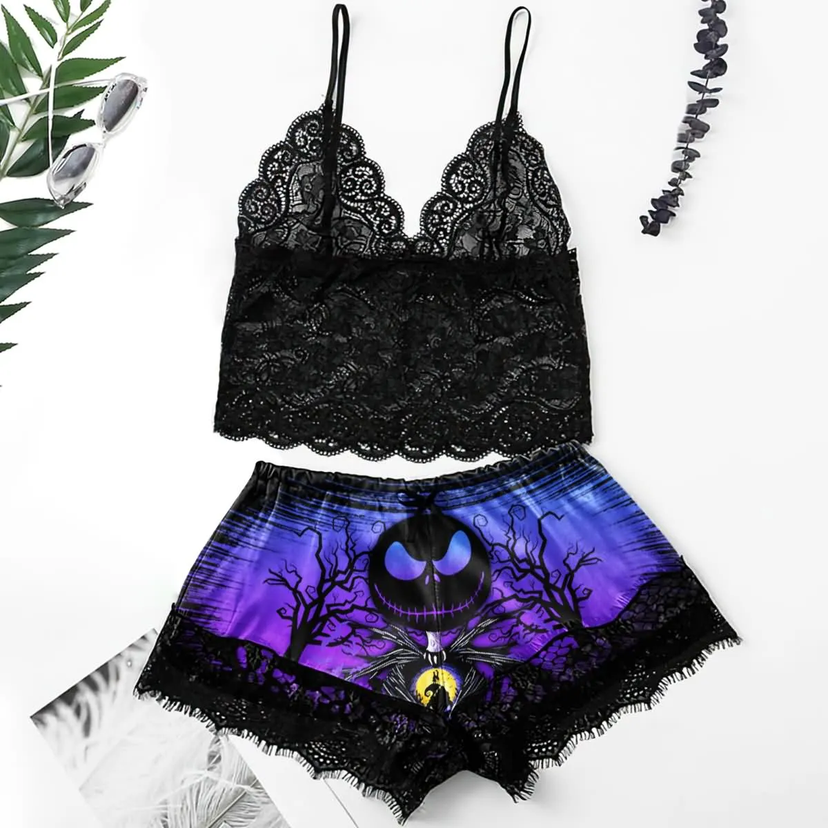 Women's Lace Pajama Set, Nightmare 2 Piece Sleepwear Lingerie Nightwear Outfit