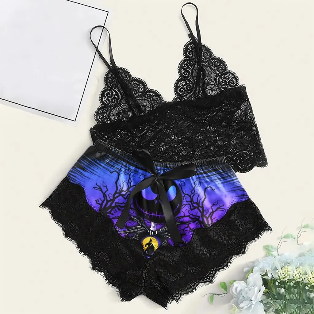Women's Lace Pajama Set, Nightmare 2 Piece Sleepwear Lingerie Nightwear Outfit