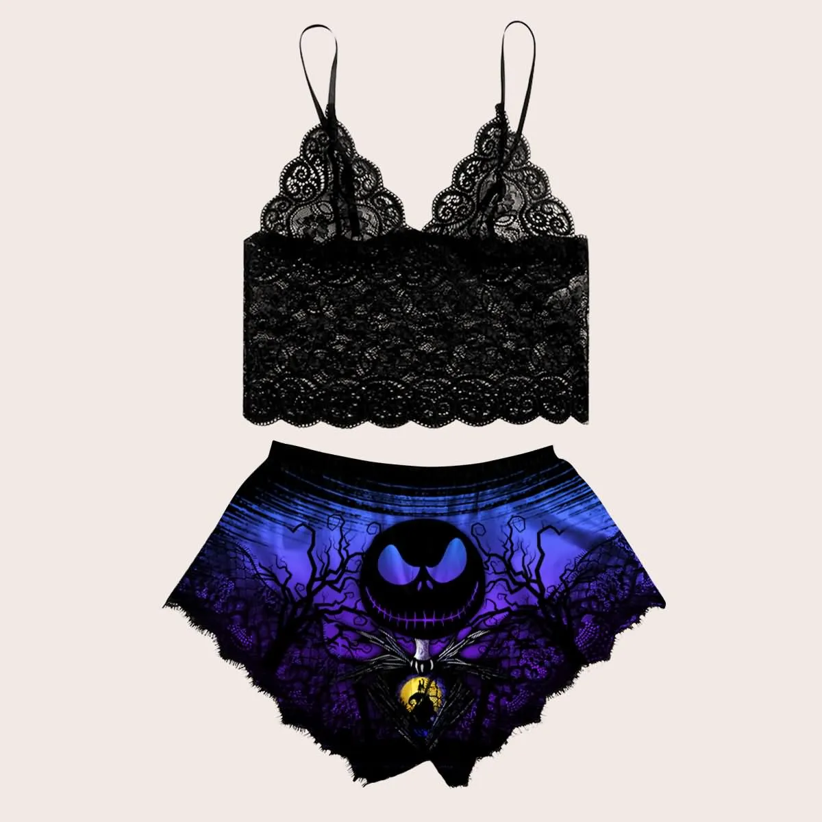 Women's Lace Pajama Set, Nightmare 2 Piece Sleepwear Lingerie Nightwear Outfit