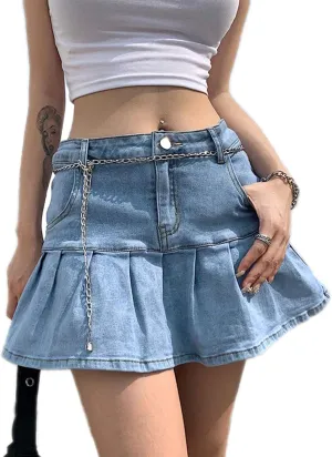Women's Layered Ruffle Denim Skirts Vintage Mid Waist Jean Mini Skirts Y2K Girls Pleated A-Line Skirts Streetwear